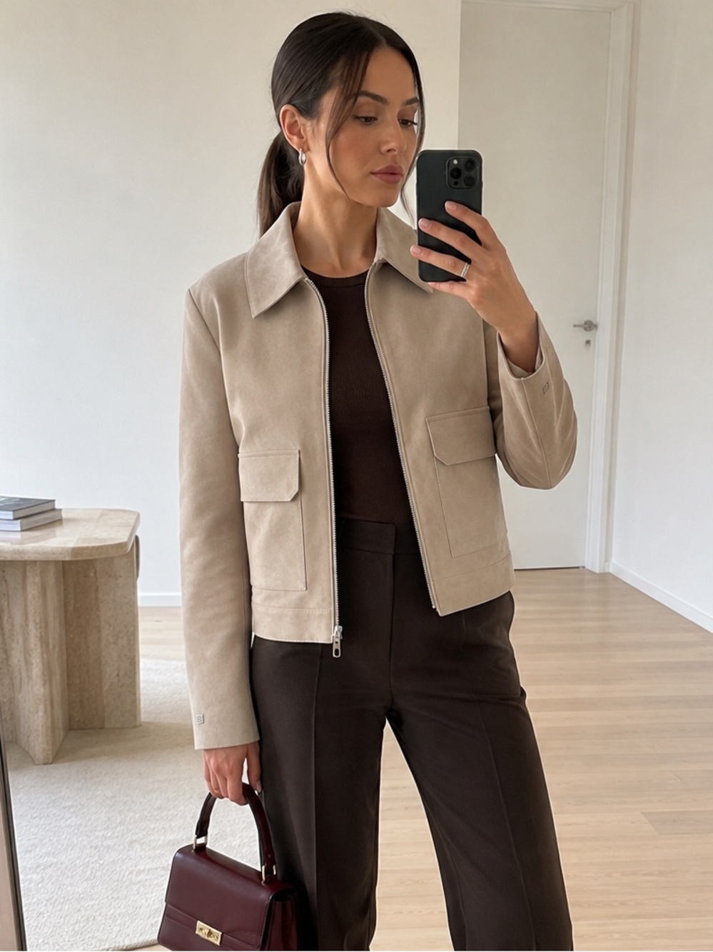 Soia & Kyo Allan Genuine Suede Shirt Jacket Almond Zip Front M
